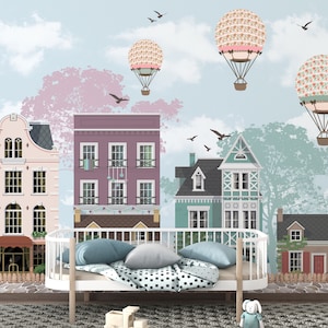 Vintage Pastell Stadt Wallpaper Wandbild mit Heißluftballons-A577
