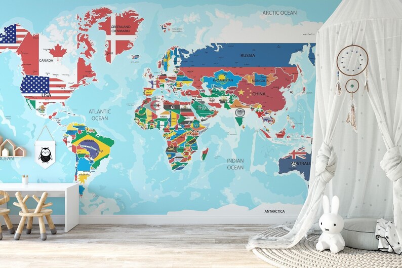 World map wallpaper with a colorful country flag design. This easy-to-apply, removable mural brightens up any space.