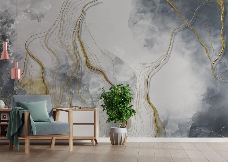 Gray Marble with Gold Veins, Peel and stick wallpaper, Removable wallpaper image 6