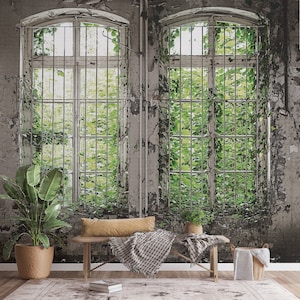 Vintage Nature View Window Mural Wallpaper - Rustic Old Window Scenic Landscape Wall Decor for Walls B728