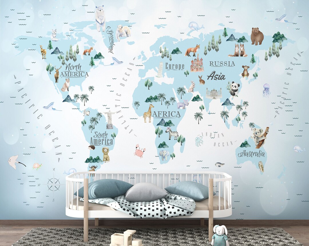 Removable Wallpaper Peel and Stick Wallpaper Atlas Animal World Map ...