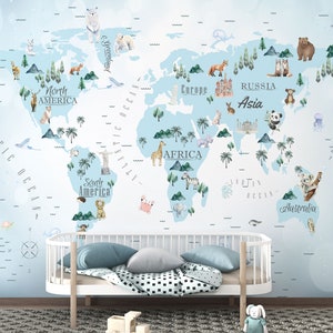 Weltkarte Tapete - Blaue Tiere Tapete Wandbild - Ablösbare Tapete für Kinderzimmer Von Giffywalls