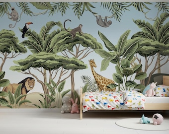 Jungle Safari Animals Wallpaper Mural: Kids Room Peel and Stick