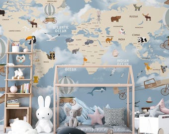 Kids World Map Wallpaper: Animal Aeroplane Nursery Mural (Peel and Stick)