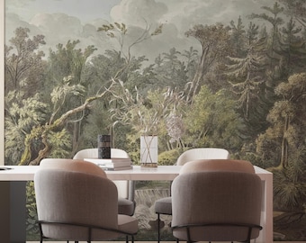 Mural de papel pintado con diseño de bosque verde: decoración de pared botánica autoadhesiva