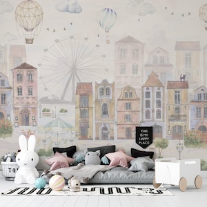 Mural de papel pintado de acuarela con paisaje urbano / Arte mural con globos aerostáticos / Papel pintado autoadhesivo para habitación infantil - C428