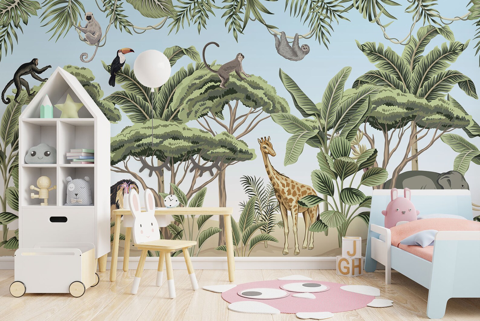 Kids Room Jungle Theme with Animals Wallpaper Nursery Peel | Etsy