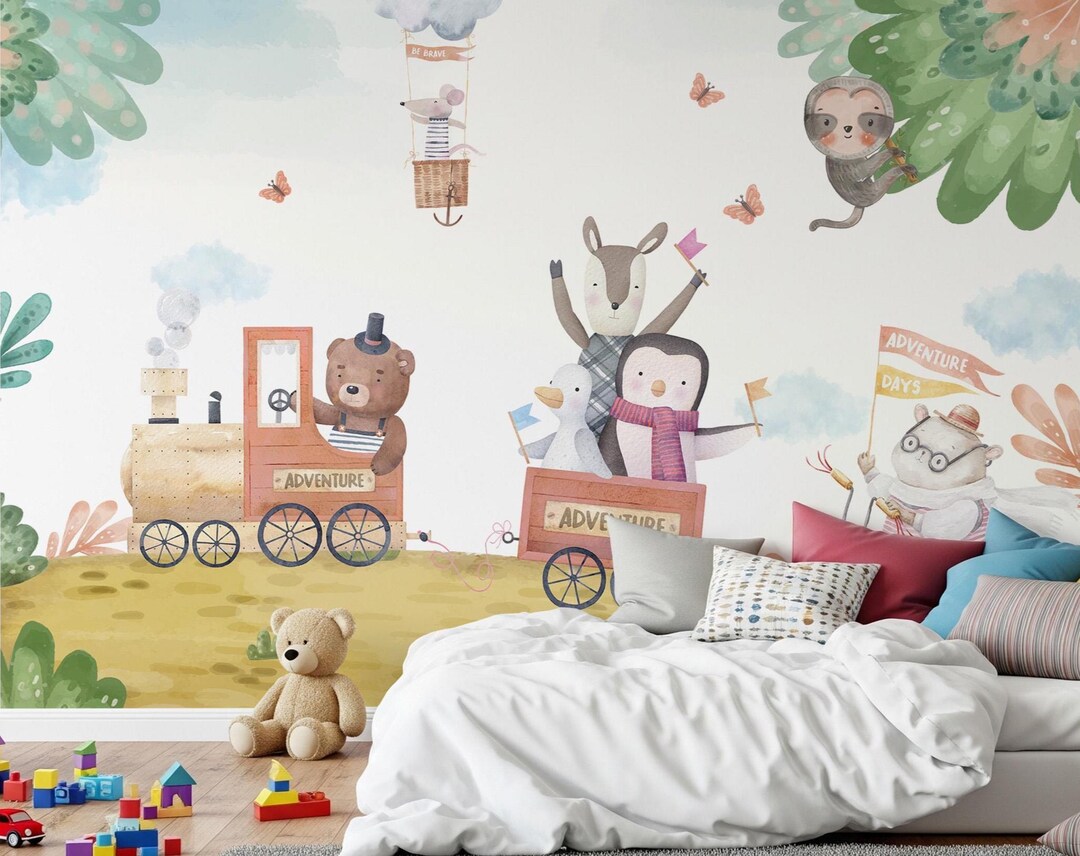 Adventure Animals Kids Wallpaper Mural: Whimsical Nursery Decor - Etsy UK
