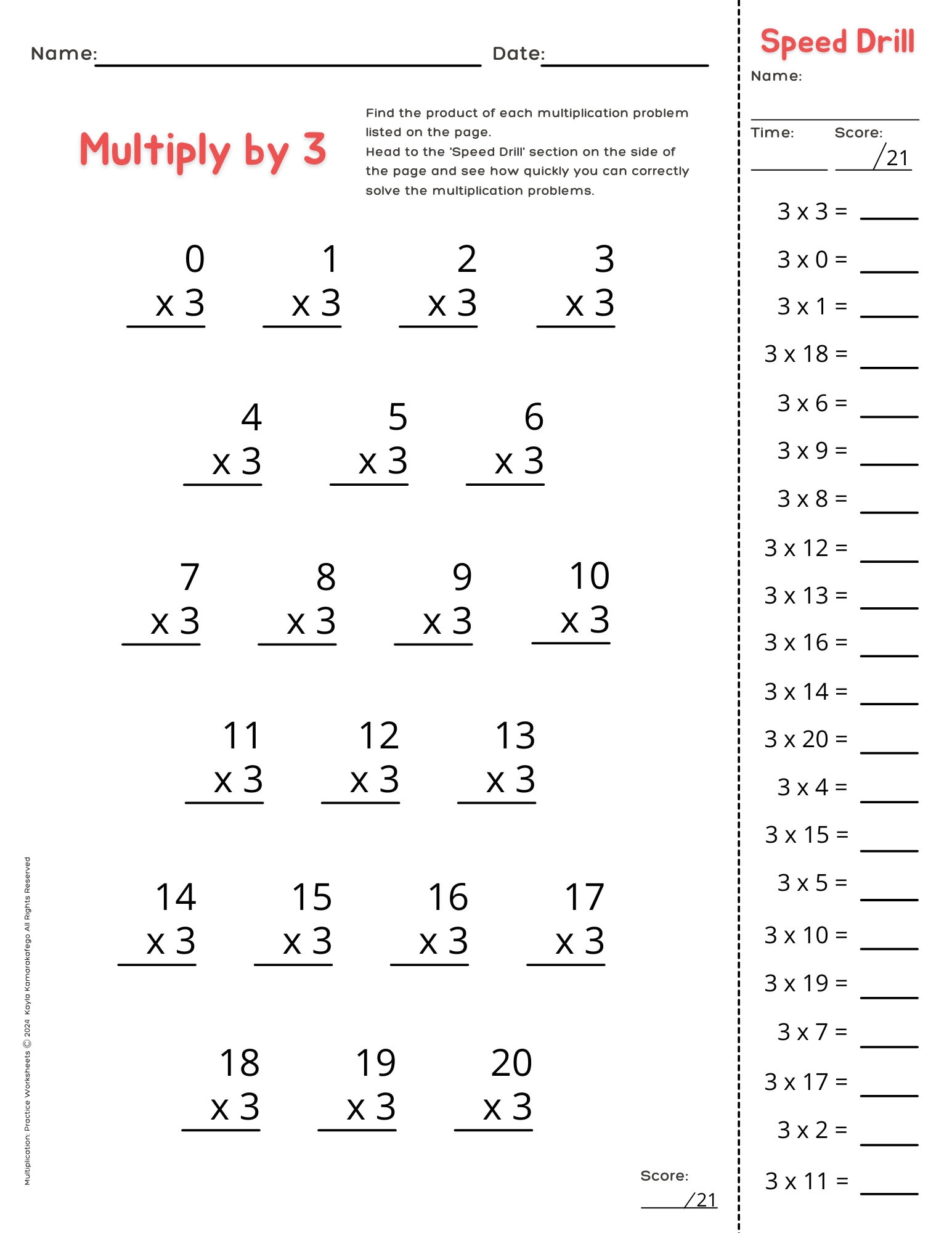 Multiplication Practice Worksheets Digital PDF Download Grade 3 Grade 4