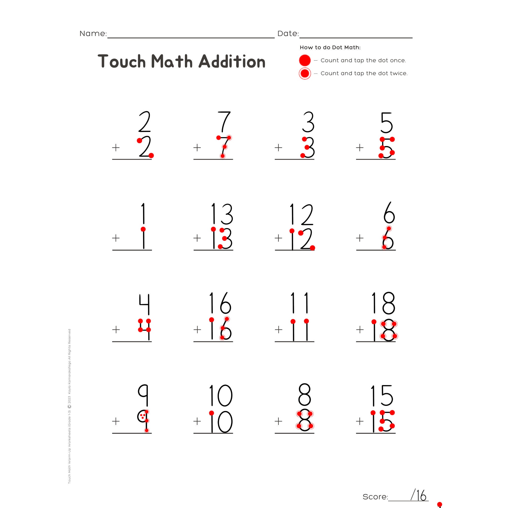Pre-k to 3rd Grade Touch Math Worksheets Digital PDF Download Addition