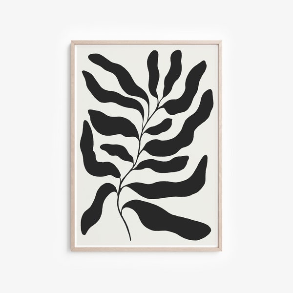 Minimal Leaf Poster, Modern Botanical Drawing, Abstract Floral Printable, Matisse Cutout, Contemporary Wall Art, Digital Download, B&W Print