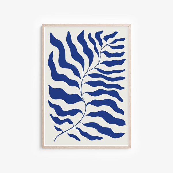 Blue Leaf Poster, Matisse, Modern Botanical Painting, Abstract Floral Printable, Contemporary Wall Art, Digital Download, Blue Leaf Drawing