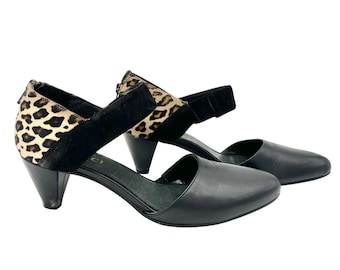 Sesto Meucci Heels Damen 8.5N Schwarz Leder Leopard Print Pony Haar Kreuz Riemen