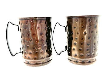 Set Of 2 Vintage Hammered Copper 8 Oz Mugs With Handles Rustic