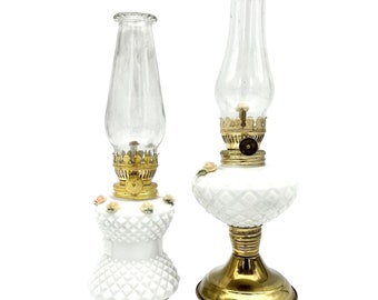 Set of 2 Mini Vintage Oil Lamps 8.5 x 3 9 x 3 Brass and White Milk Glass