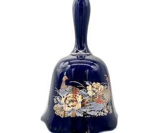 Vintage Navy Porcelain Bell With Golden Peacock and Floral Design 5.5" Tall