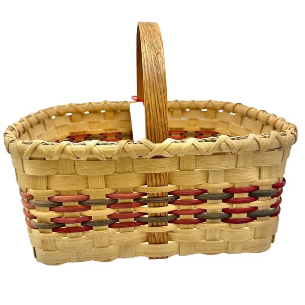 Handmade Basket Small Market or Gathering Basket Wood Handle Red Green Accents