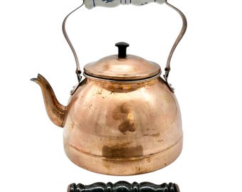 Vintage Copper Tea Kettle With Porcelain and Wooden Interchangeable Handles