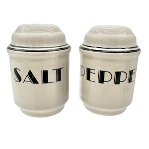 Vintage Art Deco Ceramic Salt and Pepper Shakers Gray w Black Stripes Lettering