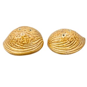 May include: Two ceramic salt and pepper shakers shaped like seashells. The shakers are a light brown color with a textured surface and ridged design. Each shaker has two or three small holes on top.