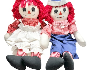 Bonecas Ann Andy Raggedy dos anos 1960 feitas à mão, corpo de pano de cabelo vermelho, clássico, 34x19