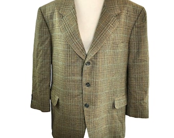 Vintage England House Haute Couture Mens Plaid Wool Blazer Jacket Brown & Green