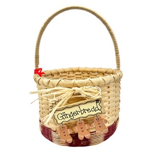 Handmade Basket Gingerbread Trio Round with Wrapped Handle Burgundy Accent