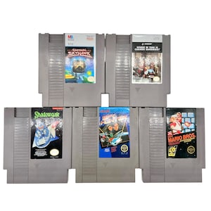 Pode incluir: Uma cole&ccedil;&atilde;o de cinco cartuchos de videojogos Nintendo Entertainment System (NES). Os jogos incluem "Captain Skyhawk", "Where in Time is Carmen Sandiego?", "Shadowgate", "Top Gun" e "Mario Bros". Os cartuchos s&atilde;o cinzentos com etiquetas coloridas de arte de jogo.