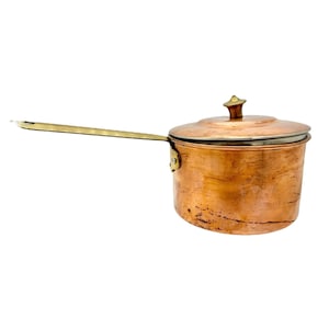 Vintage Solid Copper Saucepan and Lid Brass Handle 5 Inch Dia Rustic Cookware