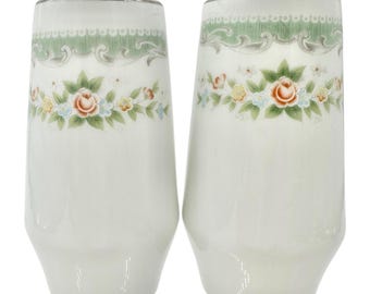 ヴィンテージ 花柄磁器製ソルト＆ペッパーシェーカー グリーントリム 花柄 エレガントな装飾 3.5