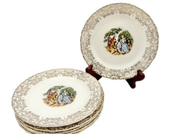 China Set of 6 Bread Plates Cream Gold Trim Center Courting Couple Man and Woman