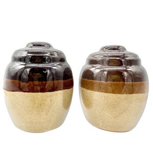 Vintage Clay Jug Salt and Pepper Shakers Brown and Tan Glossy Finish