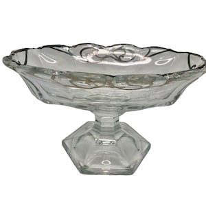 Glass with Silver Design Pedestal Candy Nut Bonbon Trinket Bowl Vintage