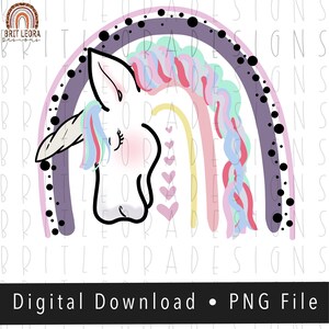 May include: A white unicorn with closed eyes and a horn is in front of a rainbow with purple, pink, blue, green, yellow, and orange stripes. The rainbow is surrounded by black dots on a white background.