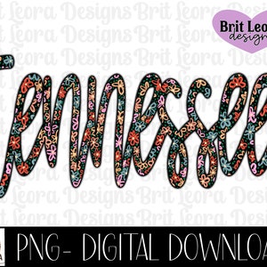 Floral Tennessee borduurwerk lettertype png-bestand voor sublimatie of print, kleurrijke bloemen ontwerp, grafische T-shirt afbeelding