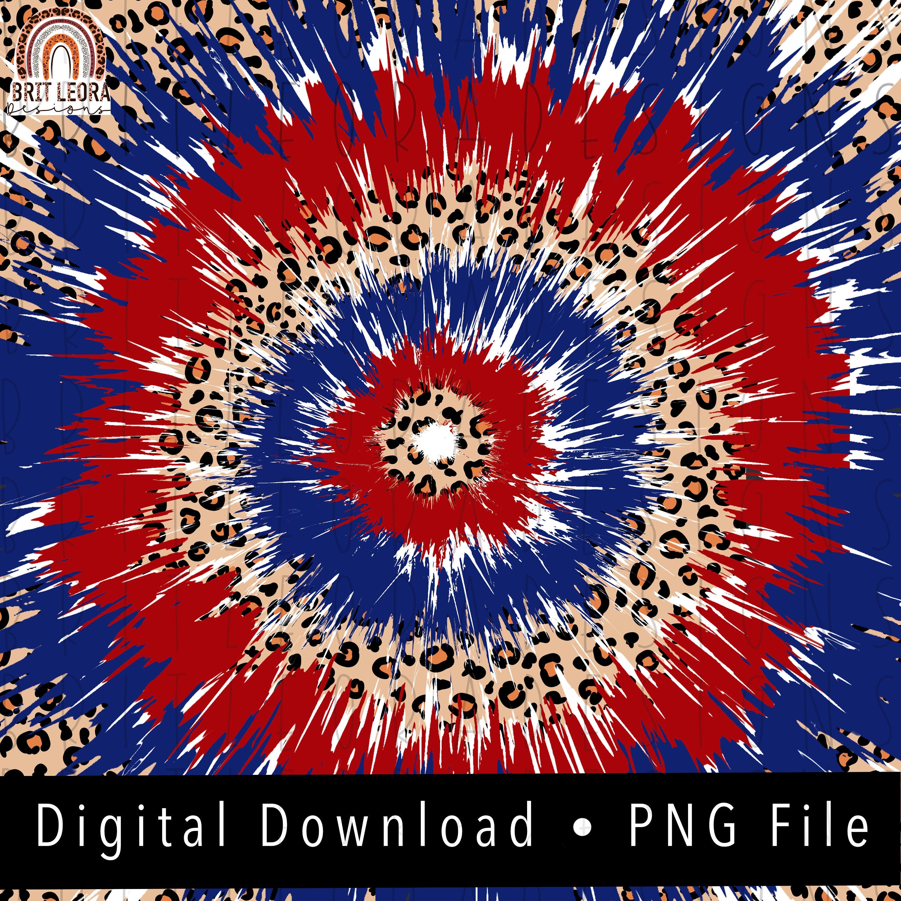 Tie dye star digital paper PNG, leopard Fourth of July background, su…