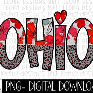 OHIO png, half leopard, scarlet and grey font, instant download, printable sublimation design, state ohio decor, ohio home, ohio shirt