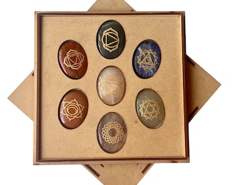 Chakra Healing Stone Set, Engraved Crystals in Wooden Box