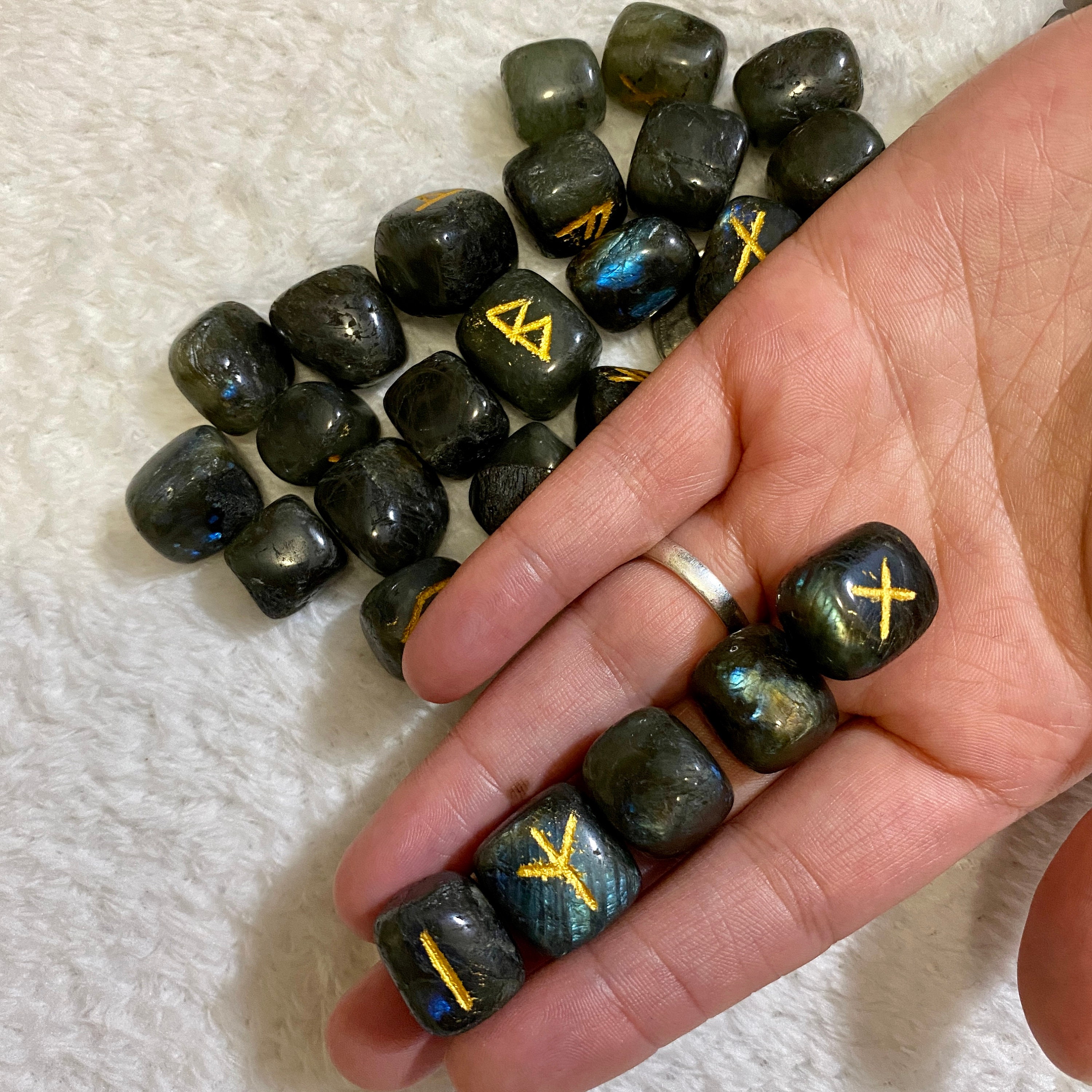 Labradorite Rune Stone Set, Engraved Elder Futhark Runes - Etsy