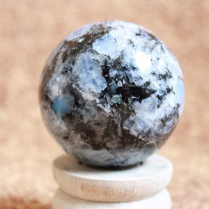 Flashy Rainbow Moonstone Large Spheres with wooden stand, High Quality Rainbow Moonstone Balls, Large Size-57-5 mm | 10 Oz | 270 g