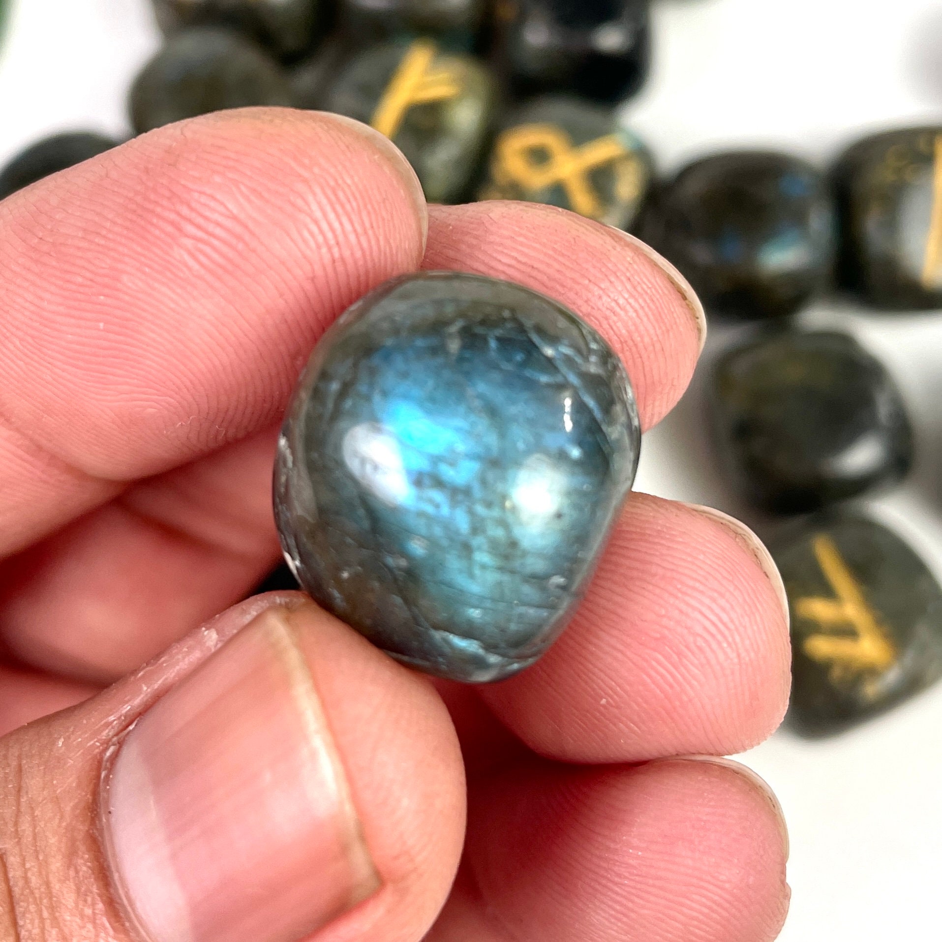 Labradorite Rune Stone Set, Engraved Elder Futhark Runes - Etsy