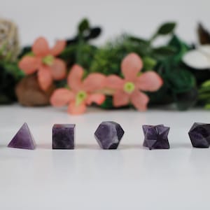 Amethyst Sacred Geometry set with Merkabah Star Carved Chakra Stone Set, Amethyst Healing Crystal Platonic Solids