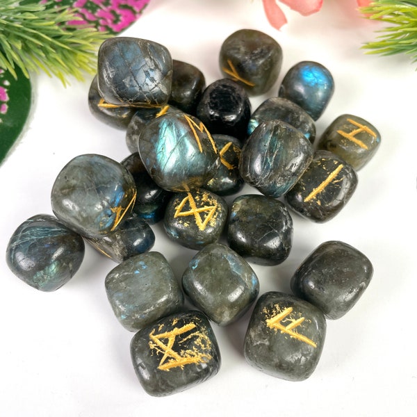 Labradorite Rune Sets, Black Moonstone Healing Crystals 25 Pieces  Engraved Tumbled rune stones Agate Rune set