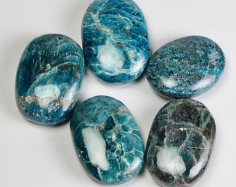May include: Five smooth, oval-shaped blue apatite stones with white and gray veining. The stones are arranged in a circle on a white background.