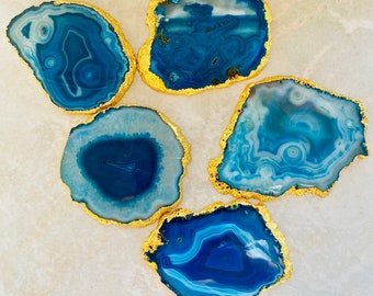 Authentic Ocean Blue Agate Coasters with gold plating Natural beauty