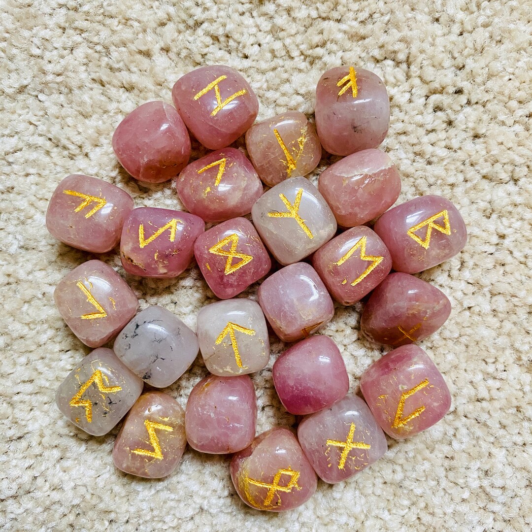 Rose Quartz Rune Sets, Healing Crystals 25 Pieces Engraved Tumbled Rune ...