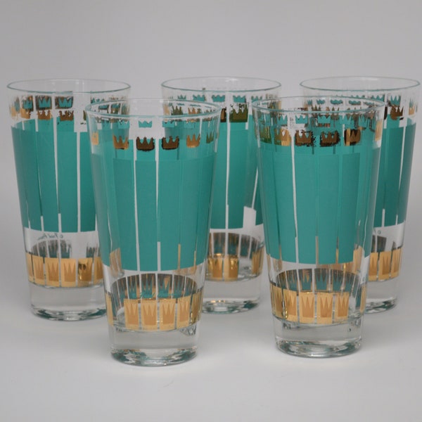 Fred Press Signed Turquoise Crown Gold Plated Tumbler Cocktail Glasses - Set of 5