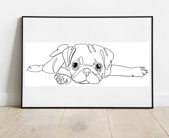 One Line Drawing Of Pug Puppy Etsy All you need to do here is to draw a large figure with a short neck, then a chest and front legs. etsy