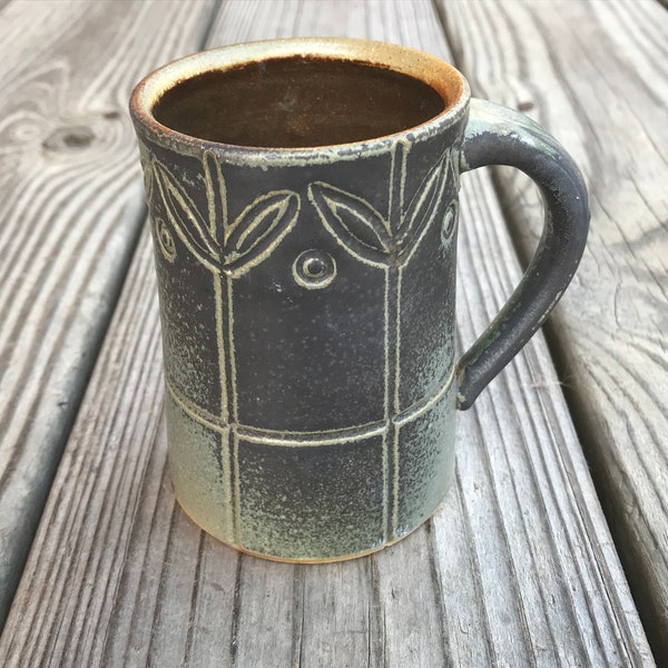 Small Ceramic Mug, Leaf Motif, Handmade Coffee Cup