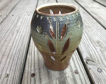 Ceramic Candle Lantern, Handmade Luminary, Leaf Motif